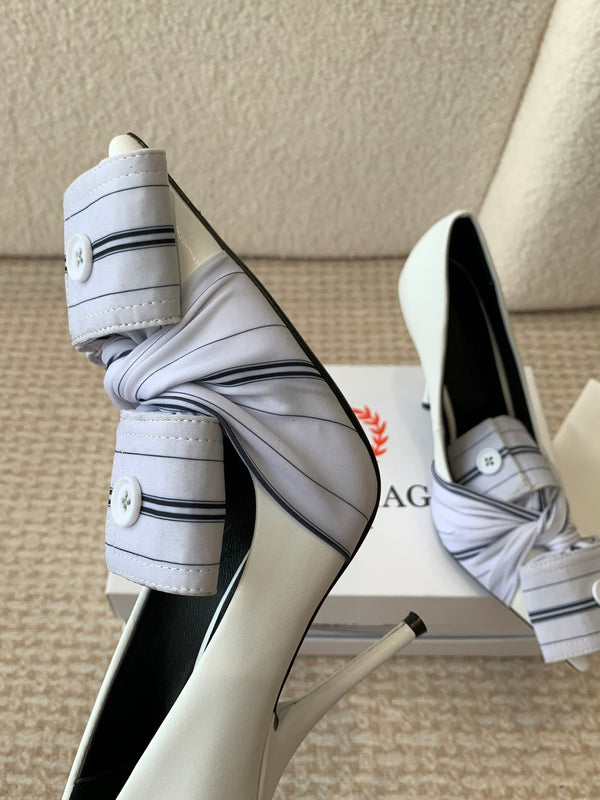 KNIFE CHEMISE HIGH PUMPS IN WHITE COTTON AND CALFSKIN