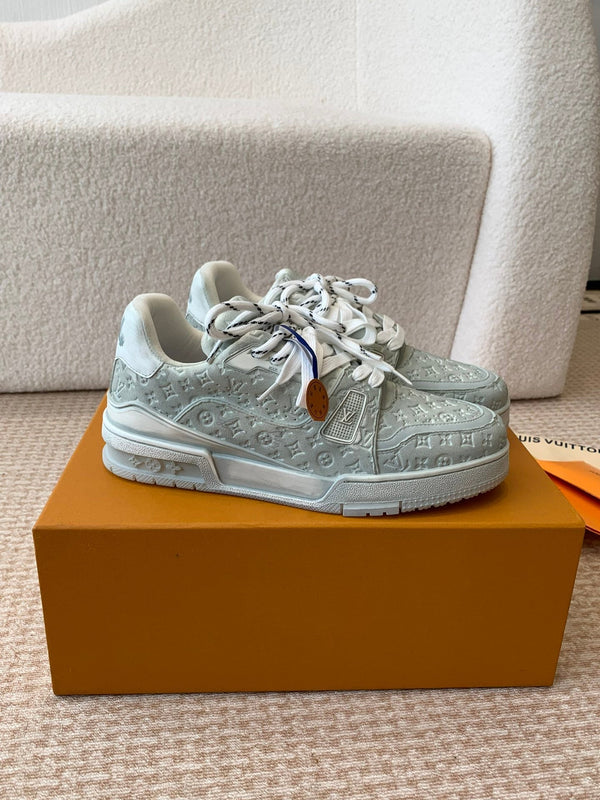 Sneaker LV Trainer 30mm Blu Grigio Pelle di Vacchetta