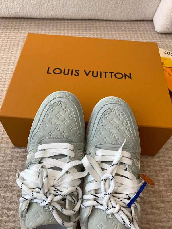 Sneaker LV Trainer 30mm Blu Grigio Pelle di Vacchetta