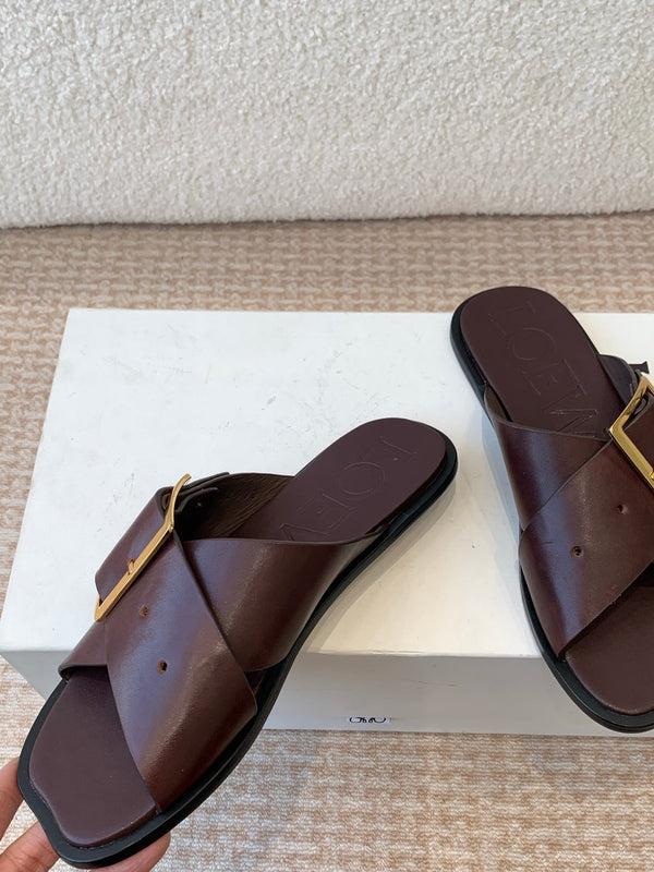 PETAL BELT FLAT SANDAL IN RUSSET BROWN CALFSKIN