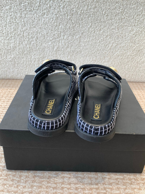 DAD SANDAL IN BLACK MIX WHITE DENIM FABRIC MULE