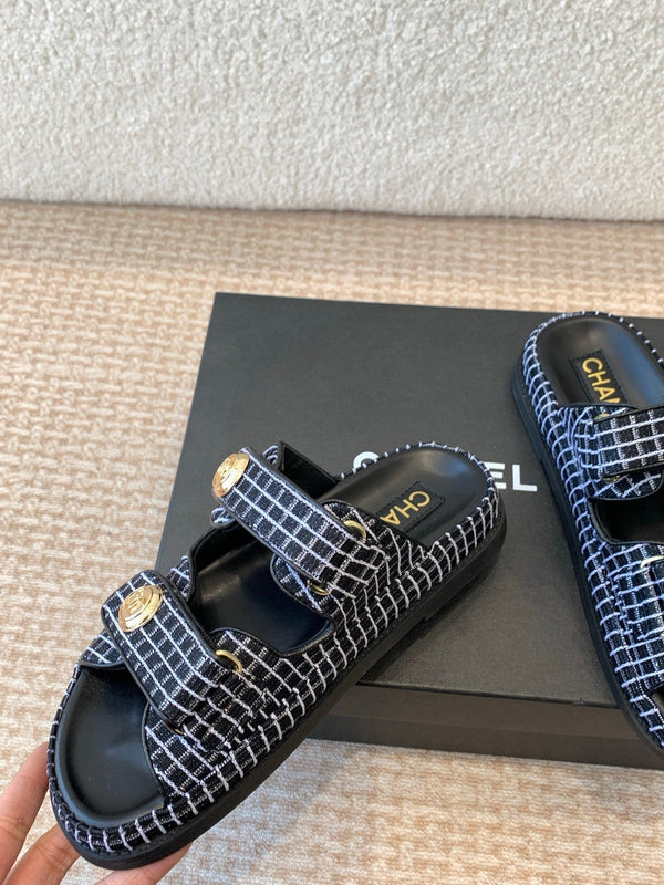 DAD SANDAL IN BLACK MIX WHITE DENIM FABRIC MULE