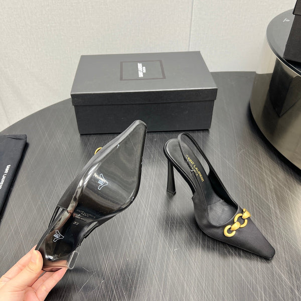 GOLD CHAIN ATTACHED HIGH SLINGBACK IN BLACK SILK