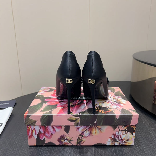 DC 25 Toe Bow High Heel Shoes 100mm Black Silk And Sheepskin 381609