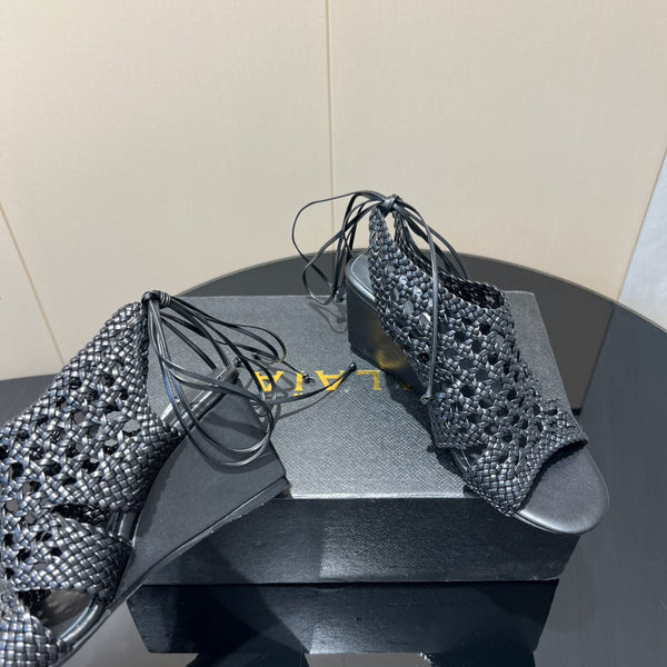Alaia 25 Round-toe Braided Wedge Sandals 75mm Black Woven Leather 433565