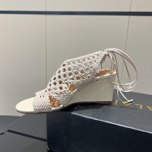 Alaia 25 Round-toe Braided Wedge Sandals 75mm Flamingo Woven Leather433568