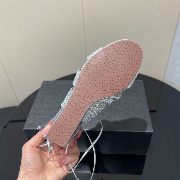 Alaia 25 Round-toe Braided Wedge Sandals 75mm Silver Metallic Woven Leather433570