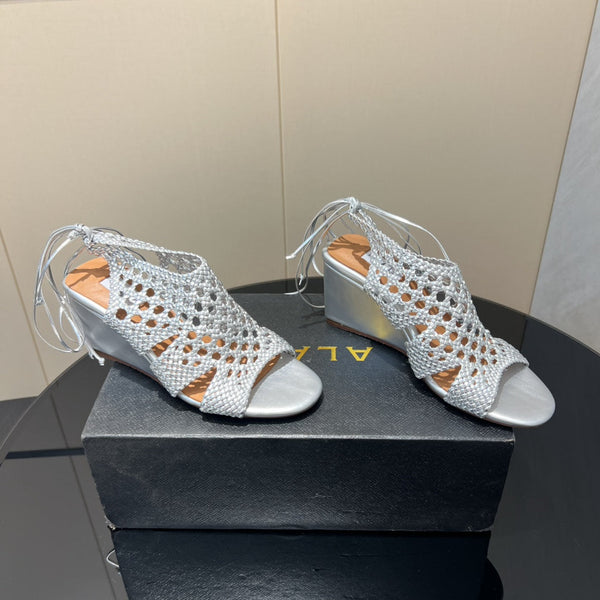 Alaia 25 Round-toe Braided Wedge Sandals 75mm Silver Metallic Woven Leather433570
