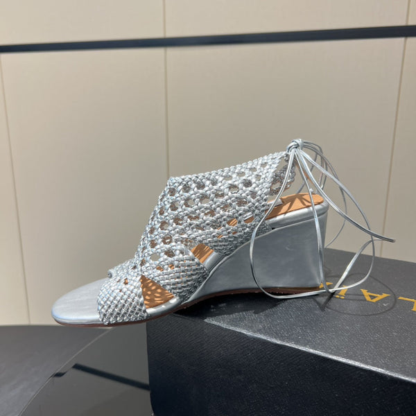 Alaia 25 Round-toe Braided Wedge Sandals 75mm Silver Metallic Woven Leather433570