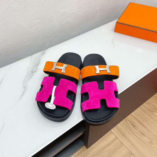SANDALO CIPRIA IN CAMOSCIO ROSA SCURO MIX ARANCIONE CON FIBBIA H
