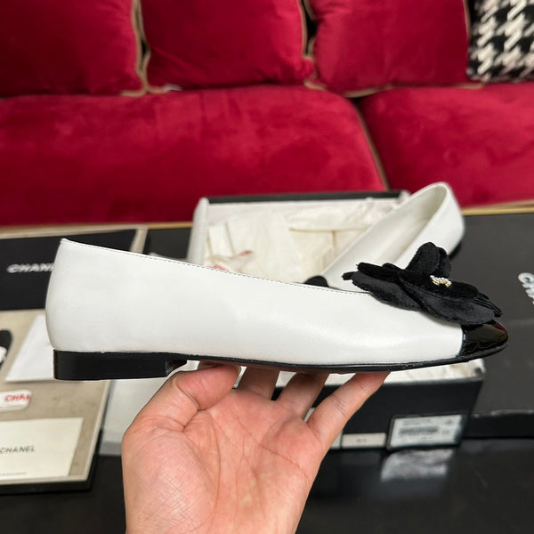 ballet flat black flower white calfskin