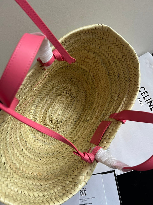 borsa classica media panier 25cm in rafia e vitello rosa scuro