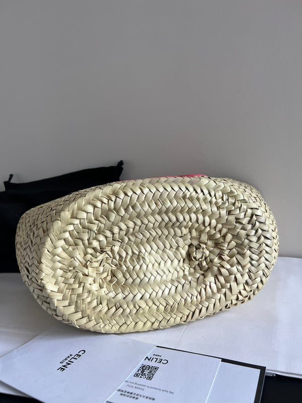 borsa classica media panier 25cm in rafia e vitello rosa scuro