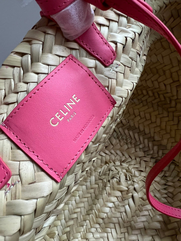 borsa classica media panier 25cm in rafia e vitello rosa scuro