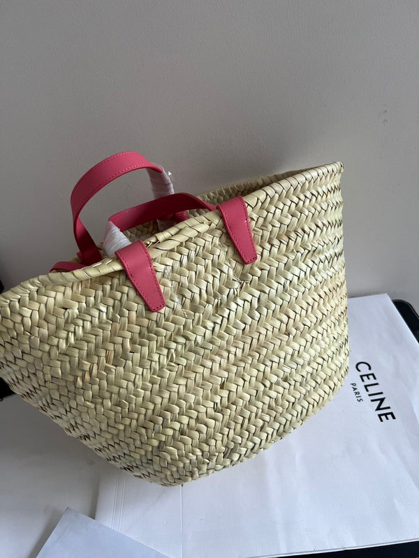 borsa classica media panier 25cm in rafia e vitello rosa scuro