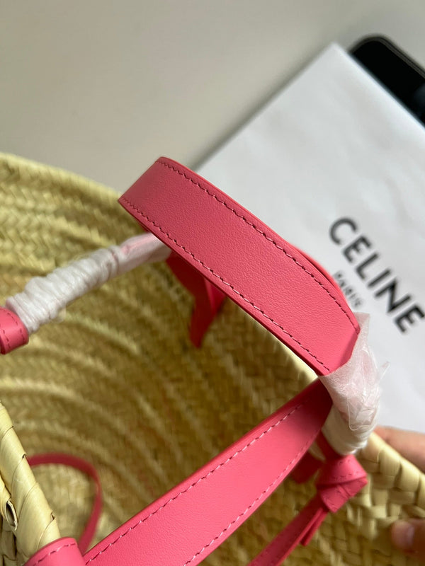 borsa classica media panier 25cm in rafia e vitello rosa scuro