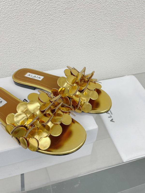 alaia sandal mule flower gold metalic lambskin