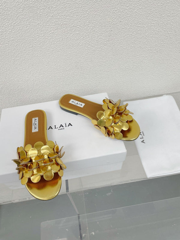 alaia sandal mule flower gold metalic lambskin