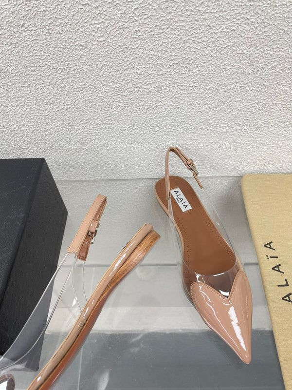 ALAIA LE COEUR FLAT SLINGBACKS IN BEIGE PATENT LAMBSKIN