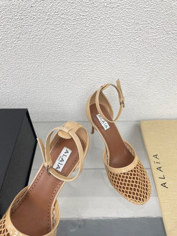 ALAIA HIGH FISHNET 9 CM PUMPS IN EGG NOG MESH