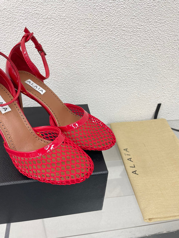 ALAIA HIGH FISHNET 9 CM PUMPS IN CHERRY RED MESH
