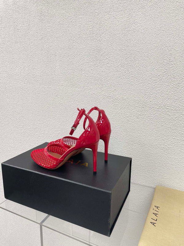 ALAIA HIGH FISHNET 9 CM PUMPS IN CHERRY RED MESH