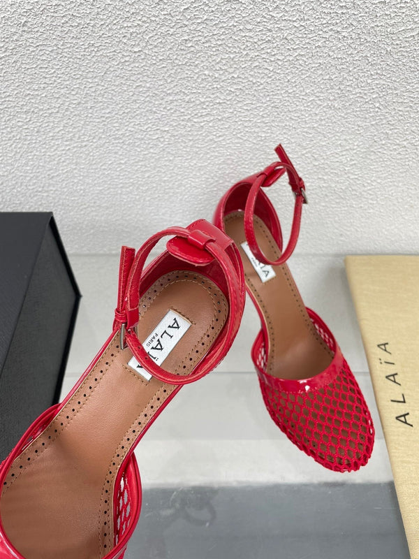 ALAIA HIGH FISHNET 9 CM PUMPS IN CHERRY RED MESH