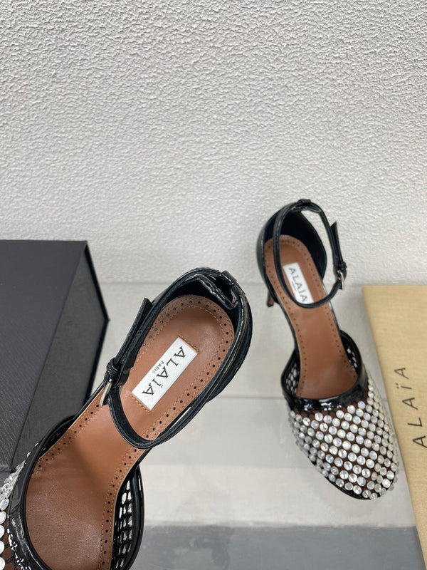 ALAIA HIGH FISHNET PUMPS IN BLACK MESH WITH WHITE RHINSTONES