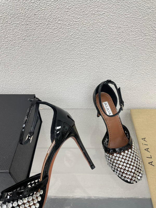 ALAIA HIGH FISHNET PUMPS IN BLACK MESH WITH WHITE RHINSTONES