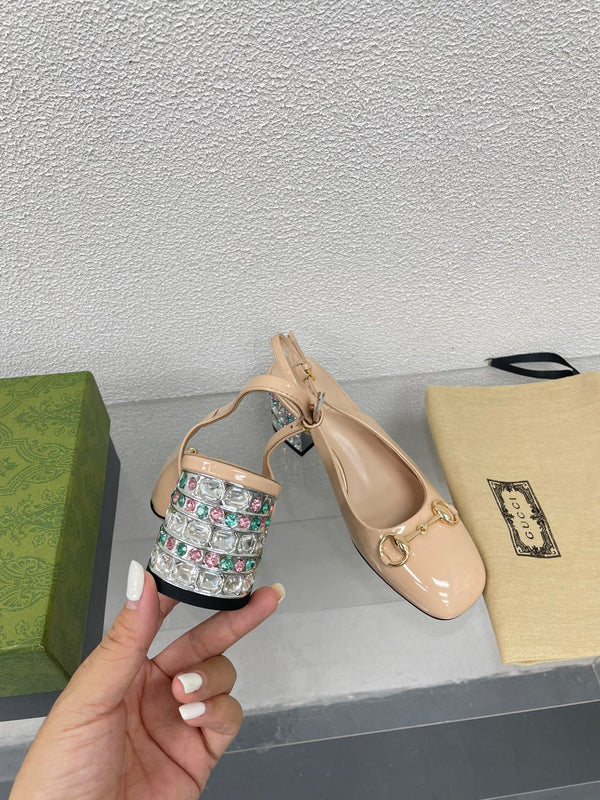 GG SLINGBACK DA DONNA CON MORSETTO IN PELLE DI VITELLO BEIGE TAN CON STRASS