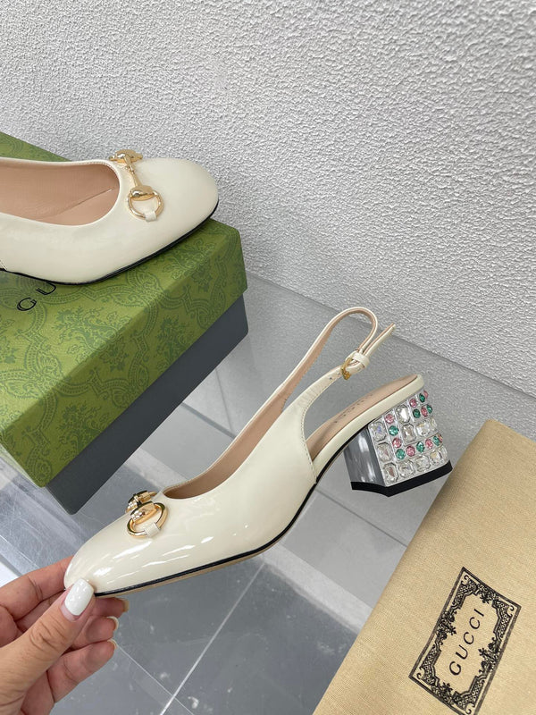 GG WOMEN'S HORSEBIT SLINGBACK IN WHITE CALFSKIN WITH RHINSTONES