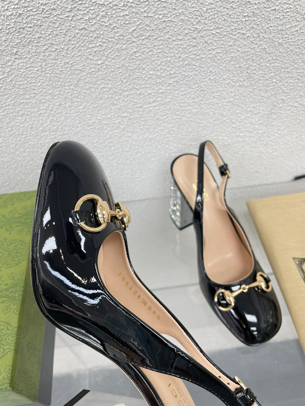 GG WOMEN'S HORSEBIT SLINGBACK 95MM IN BLACK CALFSKIN WITH RHINSTONES