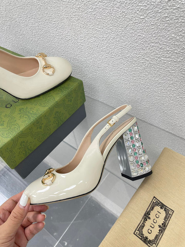 GG WOMEN'S HORSEBIT SLINGBACK 95MM IN WHITE CALFSKIN WITH RHINSTONES