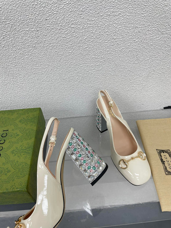 GG WOMEN'S HORSEBIT SLINGBACK 95MM IN WHITE CALFSKIN WITH RHINSTONES