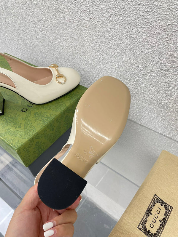 GG WOMEN'S HORSEBIT SLINGBACK 95MM IN WHITE CALFSKIN WITH RHINSTONES