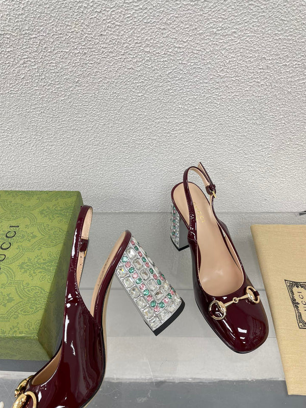 GG WOMEN'S HORSEBIT SLINGBACK 95MM IN WINE RED CALFSKIN WITH RHINSTONES