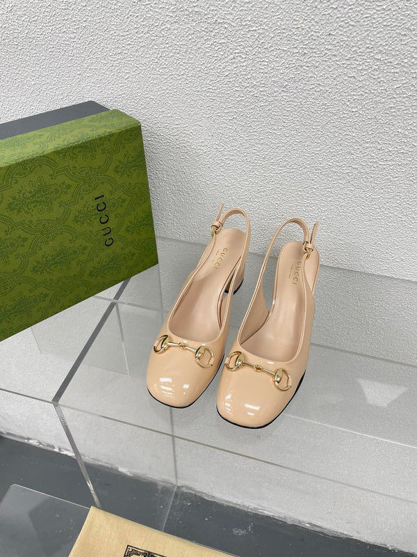 GG WOMEN'S HORSEBIT SLINGBACK 75MM IN TAN BEIGE CALFSKIN