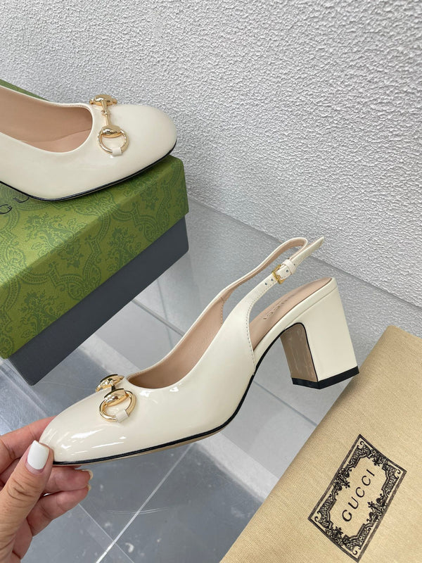 GG WOMEN'S HORSEBIT SLINGBACK 65MM IN WHITE CALFSKIN