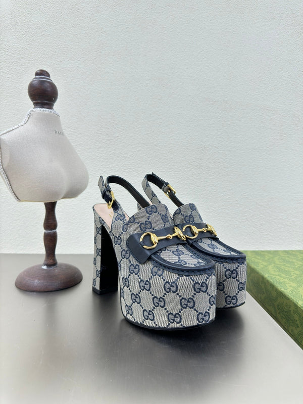 GG WOMEN'S HORSEBIT PLATFORM LOAFER SLINGBACK IN BEIGE AND BLUE CANVAS