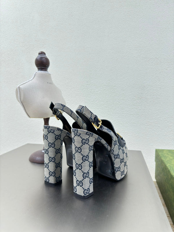 GG WOMEN'S HORSEBIT PLATFORM LOAFER SLINGBACK IN BEIGE AND BLUE CANVAS