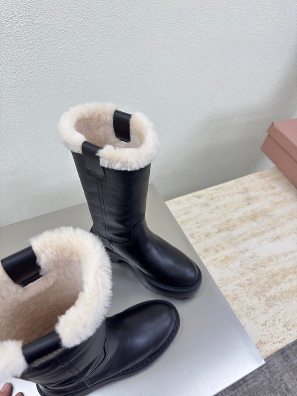 MiuMiu 25 platform boots black calfskin wool 522429