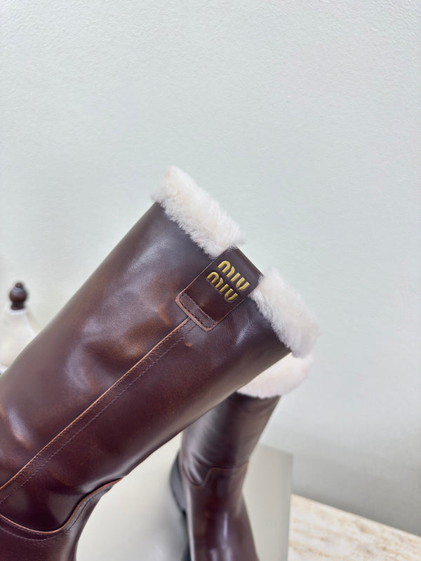 MiuMiu 25 platform boots brown calfskin wool 522430