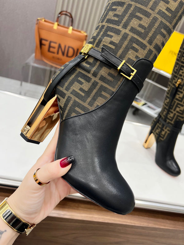 FENDI knee boots high heel monogram black cowhide 521216