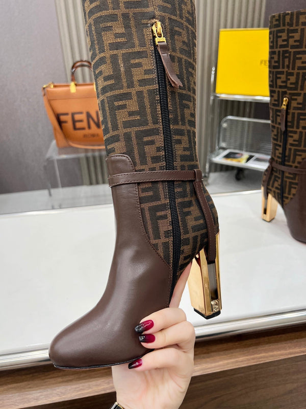 FENDI knee boots high heel monogram brown cowhide 521218