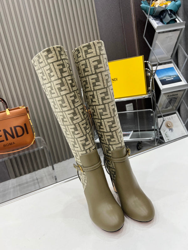 FENDI knee boots high heel monogram olive cowhide 521219