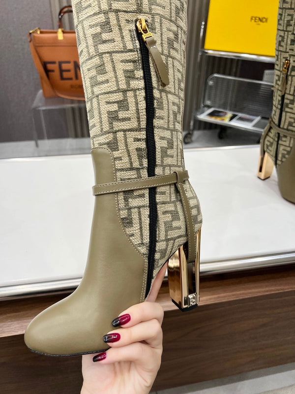 FENDI knee boots high heel monogram olive cowhide 521219