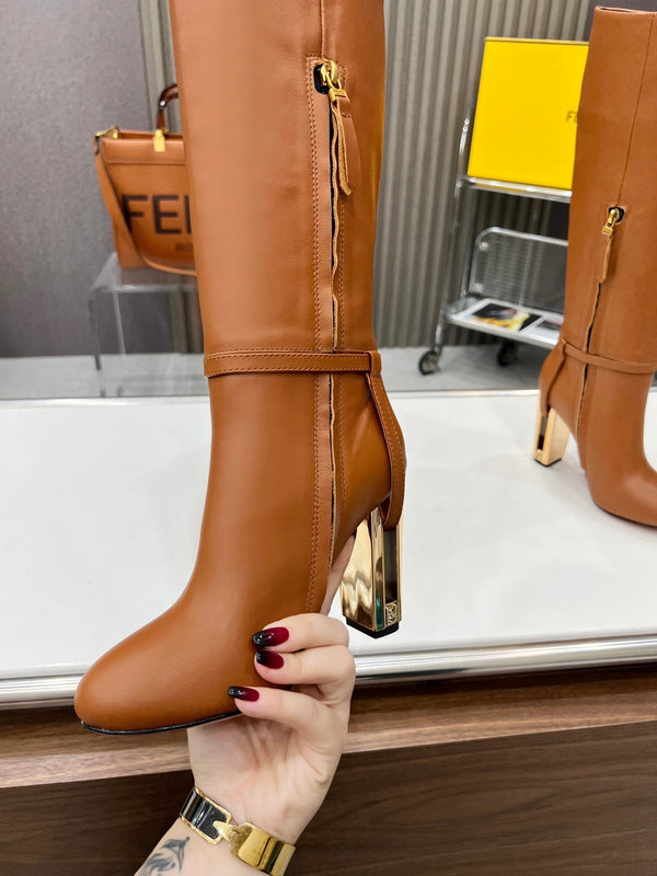 FENDI knee boots high heel caramel brown cowhide 521208