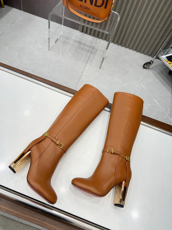 FENDI knee boots high heel caramel brown cowhide 521208