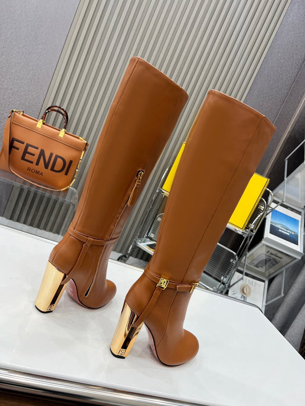 FENDI knee boots high heel caramel brown cowhide 521208