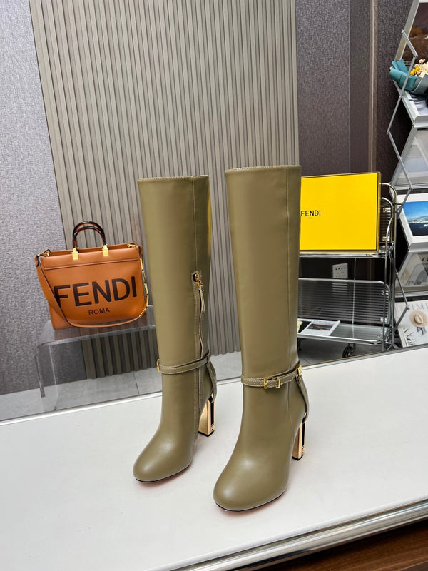 FENDI knee boots high heel olive green cowhide 521209